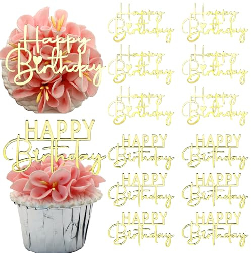 AiQi Bakes 12 Pieces Happy Birthday Cake Toppers, Gold Mirror Acrylic, Cupcake Decoration Party Supplies