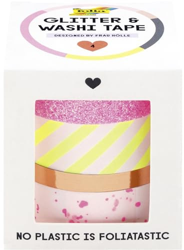 folia 26459 - Glitter & Washi Tape DESIGNED BY FRAU HÖLLE, 4 Stück, Klebeband aus Reispapier, Hotfoil in 4 Designs, zum Basteln, Verzieren und Dekorieren