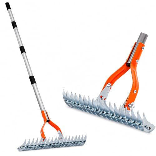 Lawn Scarifier Rake, 38 cm/15 Inch Garden Moss & Thatch Rake with Adjustable 102–178 cm Handle, 19 Curved Steel Tines, Heavy Duty Lawn Rake for Removing Dead Grass, Moss, Leaves and Garden Debris