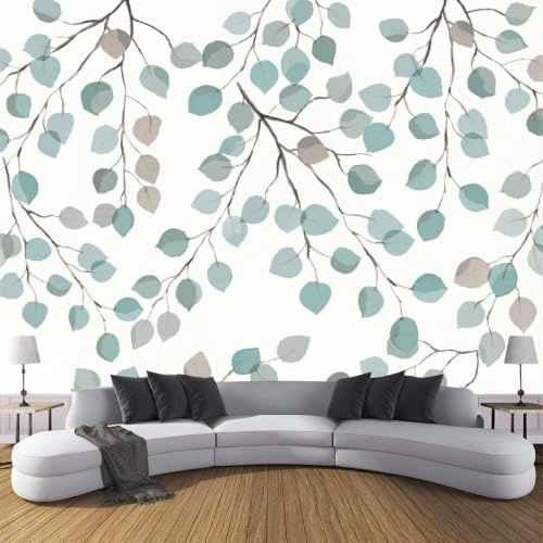 LODMLOER Eucalyptus Leaves Wallpaper Teal 450x315cm – Watercolor Branches Plants Wall Mural, Non-Woven Panoramic Wallpaper, Wall Decor for Bedroom, Living Room, Nursery