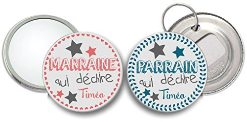 miroir et décapsuleur parrain et marraine qui déchire - corail et bleu canard