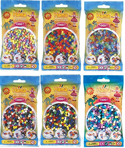 Happy Price Toys Hama Midi Bügelperlen (Kon-12) Konvulut 6 Farben Beutel (Pastell Mix,Neon Mix,Glitter Mix) + Bügelanleitung mit 3 Design Vorlagen