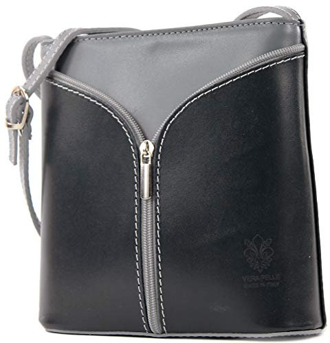 modamoda de - D19 - ital Kleine Umhängetasche aus Leder, Farbe:Dunkelgrau/Grau