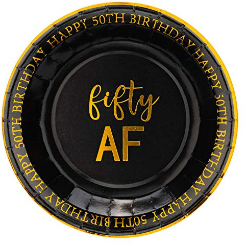 Crisky 50th Birthday Plates Black and Gold Dessert, Buffet, Cake, Lunch, Dinner Plates for 50th Birthday Decorations Party Supplies, Fifty , Happy 50th Birthday! 50 Count, 9 Plate