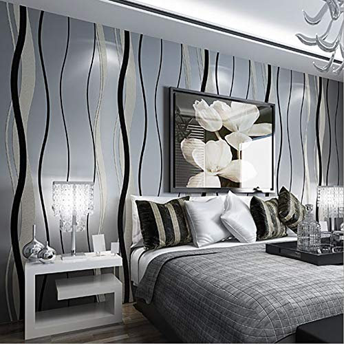 YangYun Home Decoration Rouleau de papier peint 3D non tissé moderne minimaliste style simple courbe pour salon, chambre à coucher, couleur noir gris, 0,53 m (l) x 10 m (32,8 'L) = 5,3 m²