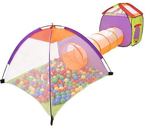 SELONIS 3In1 Spielzelt Mit Tunnel Spielplatz Popup Bällebad Mit 100 Bälle Für Kinder, Mehrfarbig:Gelb/Grün/Blau/Rot/Orange