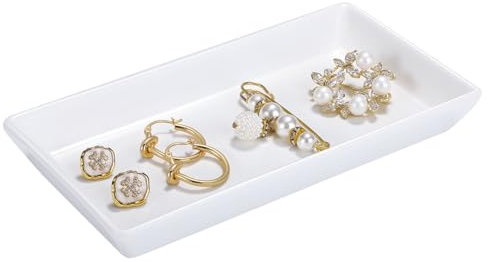Emibele Bandeja de Almacenamiento de Joyas, Bandeja de Cerámica Rectangular Pequeña, Organizador de Joyas para Cosméticos, Perfume, Anillos, Joyería, Jabón, Blanco
