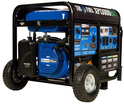 DuroMax XP13000HXT 13,000-Watt 500cc Tri Fuel Gas Propane Natural Gas Portable Generator with CO Alert, Black/Blue