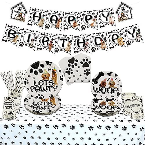 Forniture per Feste di Cane, Confezione da tavola per Cuccioli, Amanti dei Cani, Decorazioni per Feste di Compleanno per Bambini, Inclusi Piatti, Tazze, tovaglie, bandierine, servire 20 (A)