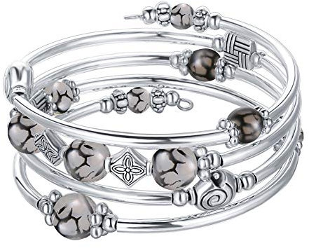 Bulinlin Damen Wickelarmband mit Achat Stein Silber Mehrschichtiges Perlen Armbänder Geburtstags Modeschmuck Geschenk für Frauen(Grey)