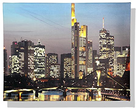 Frankfurt Mainhattan Skyline 40X30 cm Wandbilder | Kunstdruck Leinwand Wanddeko | Deko Schlafzimmer Canvas Wandbild | Wohnzimmer Bilder mit Rahme | Geschenke Modern Bild (Frankfurt Skyline bei Nacht)