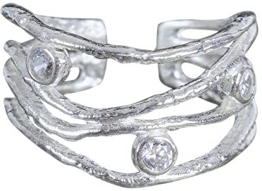NicoWerk Damen Silberring Zirkonia aus 925 Sterling Silber Breit mit Stein Mehrreihig Rustikal Durchbrochen Verstellbar Offen SRI789