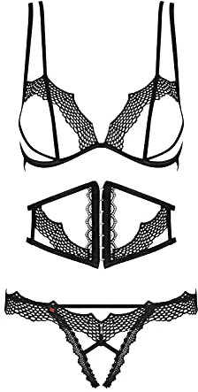 Selente Love & Fun verführerisches 4-teiliges Damen Dessous-Set aus BH, Strapsgürtel, Tanga & Satin-Augenbinde, Made in EU (L-XL, Schwarz-Mesh-Ouvert)