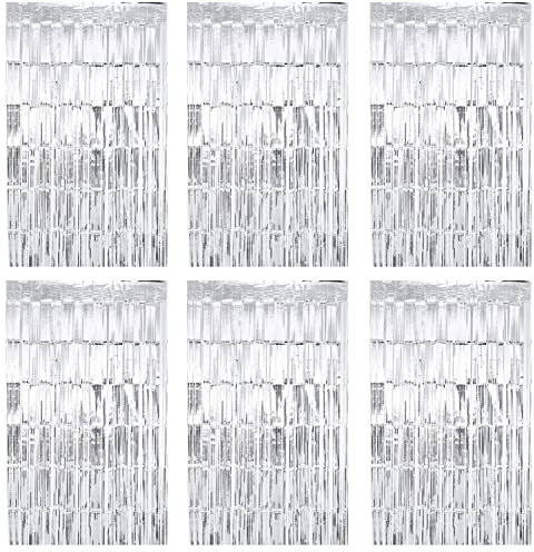 Lostwry 6 Stück Metallic Lametta Vorhänge Tinsel Vorhänge Folie Fransen Vorhang Schimmer Glitzervorhang Fringe für Geburtstag Hochzeit Weihnachtsfeier Tür Fenster Dekoration 1 x 2m (Silber)