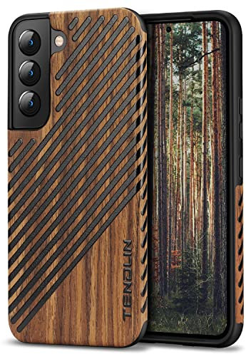 TENDLIN Kompatibel mit Samsung Galaxy S22 Plus Hülle Holz Schutzhülle und TPU Hybrid Handyhülle (Holz & Leder)