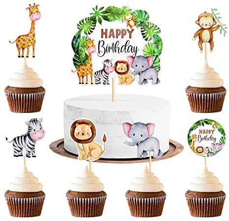 Blumomon 1Pc Jungle Animals Birthday Cake Topper and 24Pcs Jungle Safari Cupcake Toppers for Jungle Theme Birthday Cake Sign Zoo Party Cake Decor Baby Animal Topper