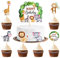 Blumomon 1Pc Jungle Animals Birthday Cake Topper and 24Pcs Jungle Safari Cupcake Toppers for Jungle Theme Birthday Cake Sign Zoo Party Cake Decor Baby Animal Topper