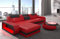 Sofa Berlin L Form Ecksofa Leder mit LED Licht Ledersofa Ottomane Couch mit Kopfstützen (Ottomane Links, Rot-Schwarz)
