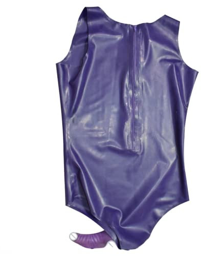 Latex-Badeanzug mit Penis-Kondom Runder Kragen Reißverschluss hinten Latex-Catsuit Gummi-Bodysuit-Trikotanzug, Grün mit Schwarz, XS