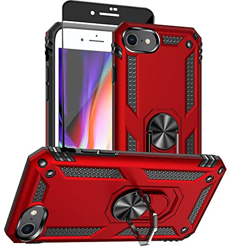 Aozuoton iPhone SE 2022/2020, 8/7 Case With HD Screen Protector - Military Grade 16ft. Drop Tested Ring Shockproof Protective Phone Cover, Red
