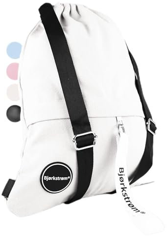 Bjørkstrøm® Sportbeutel mit Außentasche und Reißverschluß - Lifestyle Rucksack mit Verstellbar Tunnelzug - Turnbeutel - Gymsack für Damen & Herren (weiß)