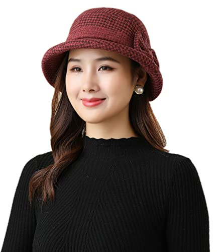 Damen Winter Wollfilz Mütze Vintage Cloche Hüte Derby Kleid Hüte Klassisch Fedora Hut Bowler Kirche Hüte Fischerhut Herbst Eleganter Breite Krempe Schlapphut mit Schöner Fliege für Mädchen Frauen