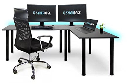SyberDesk Bureau d'angle Gaming Pro LED - 185 x 120 cm - avec LED - Grand Bureau d'ordinateur - Solide (Droit)
