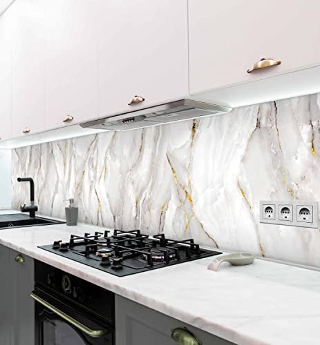 MyMaxxi - Selbstklebende Küchenrückwand Folie ohne Bohren - Motiv Marmor Weiß Gold 60cm hoch Klebefolie Wandbild Küche - Wand-Deko - Marmorwand Hellgrau und Gold, Groesse_KRW:220 x 60cm