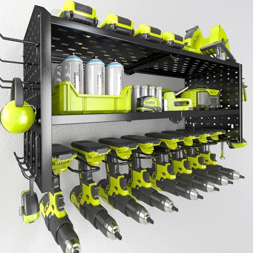 KAFAHOM Power Tool Organizer,Large 8 Drill Holder Wall Mount with 2 Side Pegboards,Metal Tool Shelf with 12 Hooks,Storage Rack for Garage Organization,Utility Cordless Drill Holder - Black