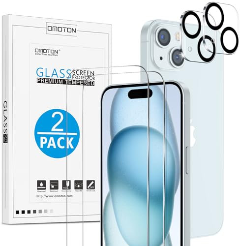 OMOTON Screen Protector for iPhone 15 with Camera Lens Protector, Premium Tempered Glass Film for iPhone 15, Anti-Scratch, 9H Hardness, HD Clear, 2+2 Pack
