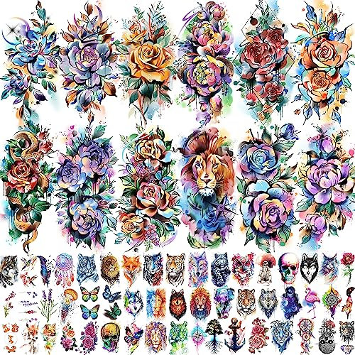 EGMBGM 63 Blatt Bunt 3D Rose Blume Temporäre Tattoos Damen Frauen Arm Mädchen Klebetattoos Erwachsene, Aquarell Pfingstrosen Blumen Tattoos Zum Aufkleben, Löwe Tattoos Farbe Mond Schlange Wolf Tiger