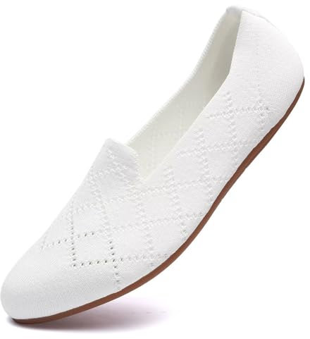 Puxowe Damen Ballerina Flache Schuhe Runde Zehe Strick Kleid Schuhe Niedriger Keil Slip On Ballerina Walking Flats für Frauen Bequem 37.5 EU White