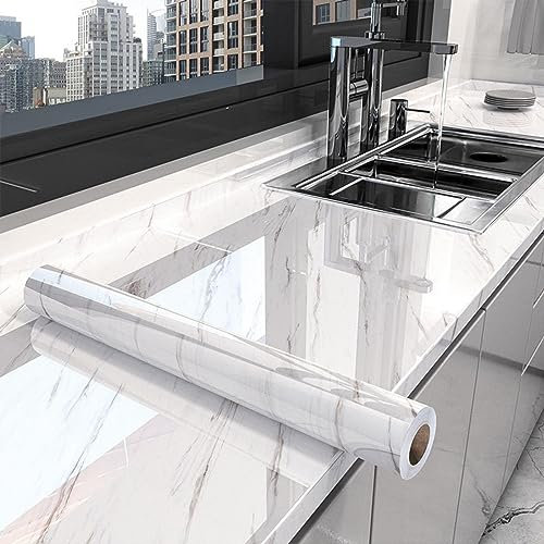 Mwpqbd Calcomanías autoadhesivas impermeables a prueba de aceite, resistentes a altas temperaturas, textura de mármol, para cocina, cocina, pared superior, renovación de muebles, color blanco jazz