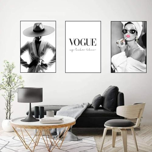 FURLOU Retro-Vogue-Poster, schwarz-weiße Frau, Wandkunst, Vintage-Mode-Poster, Gemälde, Leinwand, Kunstdruck, Vogue-Wohnzimmer, Schlafzimmer, Dekor, 50 x 70 cm x 3/ungerahmt