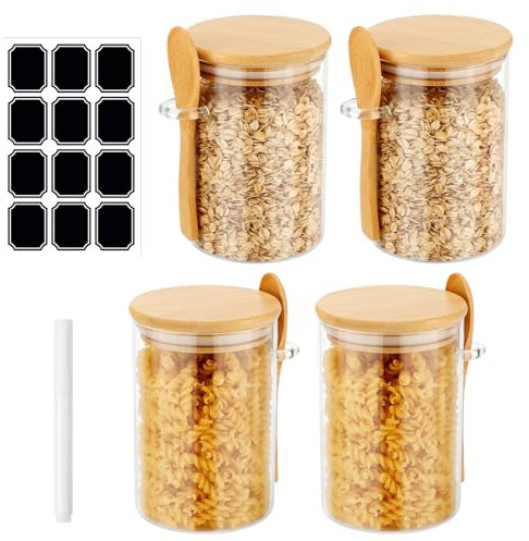 Gowkeey 4er-Set Vorratsgläser Vorratsgläser mit Deckel und Löffel 540ml Overnight Oats Gläser Vorratsdosen Glasbehälter Meal Prep Glas mit deckel,Zucker, Kaffee, Süßigkeiten