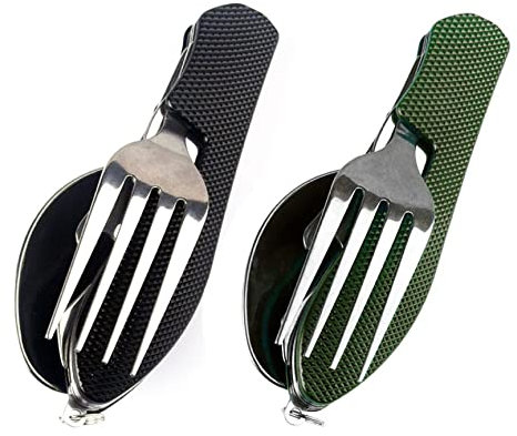 Pesoncarl Ustensiles Camping, Couverts de Camping pliants Ensemble 3 en 1 Ustensiles en Acier Inoxydable Ustensiles Couverts de tournée détachables pour la pêche au Pique-Nique 2pcs Vert Noir
