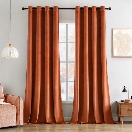 MIULEE Herbst Vorhänge Samtvorhang Ziegelrot Ösen 2er Set 140X225, Blickdicht Vorhänge Samt für Deko Schlafzimmer Wohnzimmer, Wunderschön Weich Samtvorhang Verdunkelnd Samt Vorhang Blickdicht