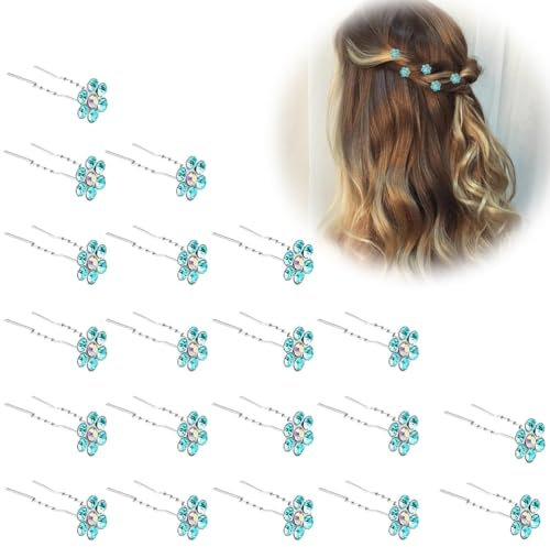 20 Piezas Crystal Rhinestone Flor Hair Clip U-Forma Flor de Ciruelo Pin Boda Señoras Accesorios para el cabello (Lago Azul)