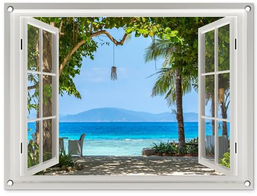 MuchoWow© Gartenposter 80x60 cm Outdoor Bilder Gartendeko für draußen Wetterfest Garten Sichtschutz Terrasse Deko Banner Draußen Bild Fensterblick - Baum - Meer - Palme - Hügel - Strand - Blau