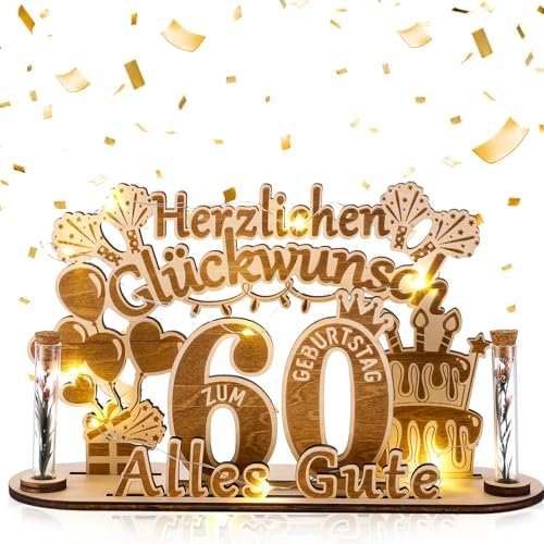taonganui 60 Geburtstag Frau Männer Geldgeschenk 60 Geburtstag, Holz Schild Gästebuch 60 Geburtstag mit LED Lichterkette Geschenke zum 60 Geburtstag Personalisiertes Geschenke Holz 60. Geburtstag Deko