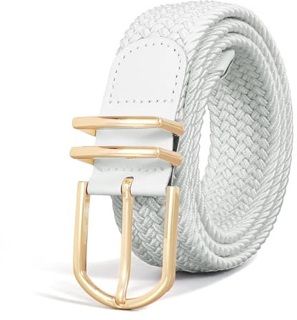 VONMELLI Damen Gürtel Stretchgürtel Damen Herren Elastischer Stoffgürtel Geflochtener Verstellbarer Flechtgürtel mit Goldschnalle für Jeans Hosen Shorts Kleid Weiß M