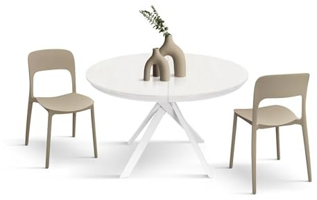 PAZZO DESIGN Runder ausziehbarer Karem-Tisch, Wohnzimmertisch, Küchentisch, weiße gekreuzte Beine Shangay, Made in Italy, weiß Eschenholz, von 120 bis 170 cm - id_2179