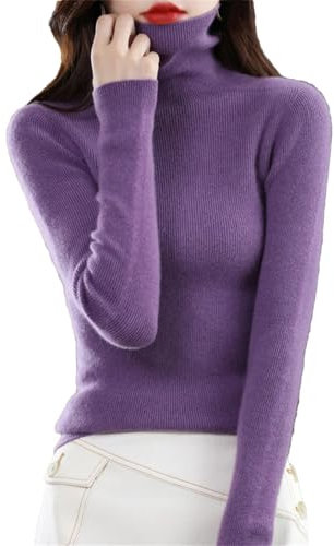 Maglione da donna a collo alto, vestibilità aderente, 100% lana merino, maglia a maniche lunghe, Viola, L