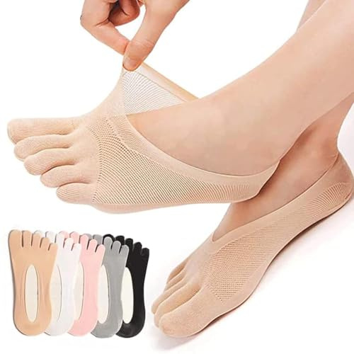 Funklu Calcetines de Dedo para Mujer - 5 Pares Invisibles de Corte Bajo con Cinco Dedos, Ortopédicos Antideslizantes de Compresión, de Barco y Separadores