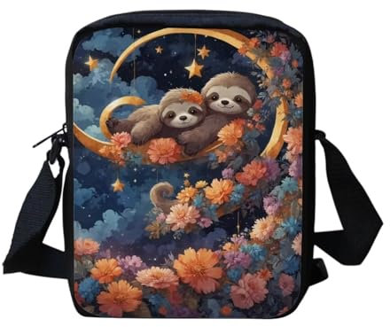 TOADDMOS Niedliche, individuell bedruckte Umhängetasche für Damen, Reise-Schultertasche mit verstellbarem Riemen, Moon Faultier Blume