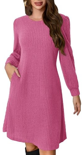 Ritiriko Womens Strickkleid mit Taschen Fall Tunika Kleider Crew Hals Langarm Casual Wedding Gäste Kleider Rosa L