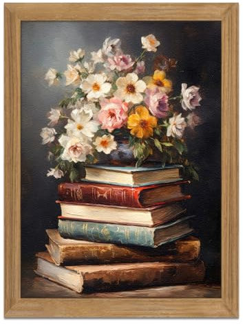 Gerahmte Vintage-Blumen-Wandkunst, 3D-strukturierte Blumen, Bücher, Sandstein, handgezeichnetes Kunst-Ölgemälde, minimalistische botanische Wanddekoration für Schlafzimmer, Wohnzimmer, Büro,