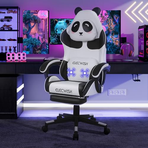 Fullwatt Gaming Stuhl Cute, Ergonomisch Racing Stuhl mit Katzenpfote Massage-Lendenkissen und Katzenohren, mit Fußstütze und Abnehmbare Kopfstütze, Höhenverstellbar, Leder, Schwarz, für Gamer