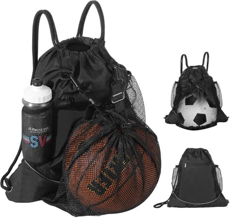 MoKo Drawstring Basketball Rucksack, Sport Gym Bag Fußball Rucksack mit Zwei Wasserflaschenhalter, Faltbare Mesh Ball Tasche Portable Basketball Tasche für Fußball Volleyball Baseball Yoga, Schwarz