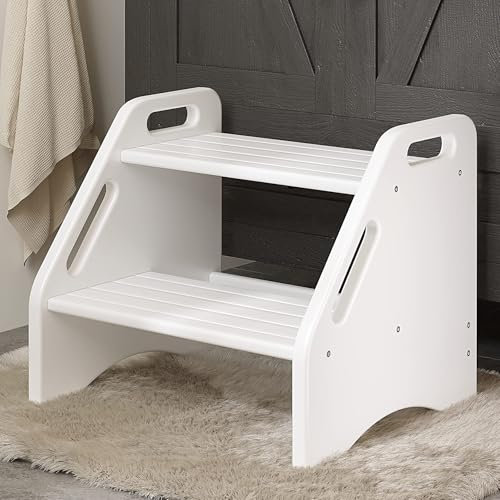 AMBIRD Wooden Two-Step Stool for Toddlers with Safety Non-Slip Pads and Handles, Bamboo Step Stool for Bathroom, Bedroom, Kitchen - Dual Height Step Stools for Children (White)